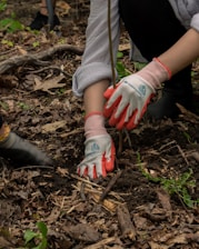 a person wearing gloves and gardening gloves digging in the ground