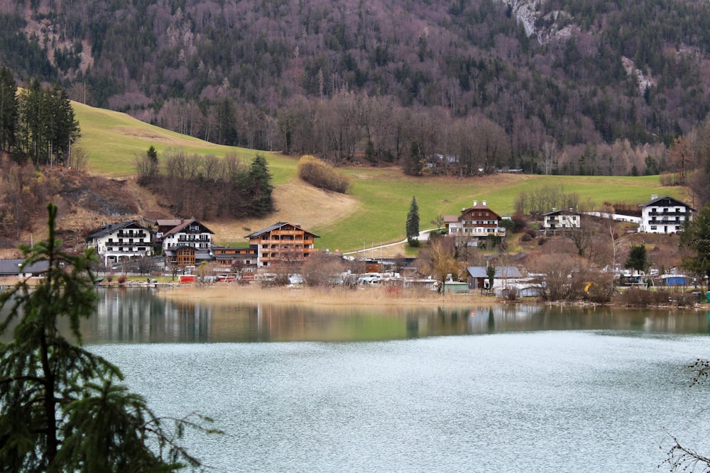 a lake surrounded by mountains and houses