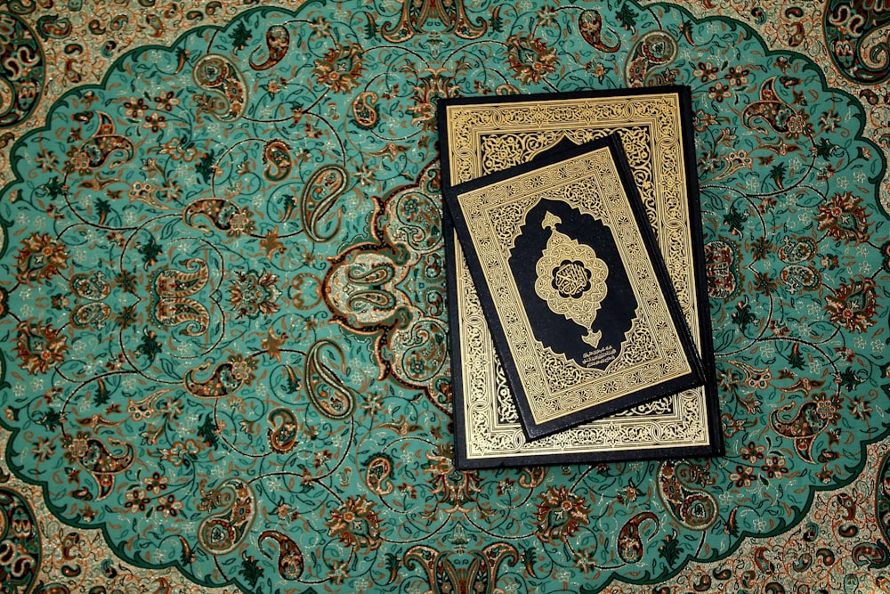 a picture of a book on a rug