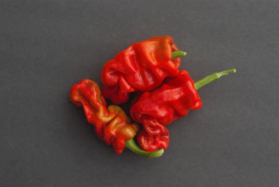 a couple of red peppers sitting on top of a table