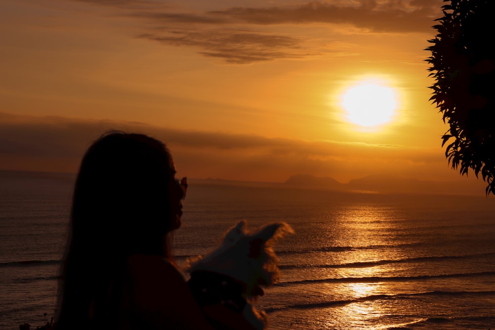 a woman holding a teddy bear in front of a sunset