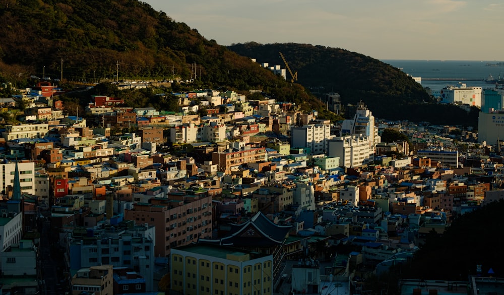 a city with a mountain in the background