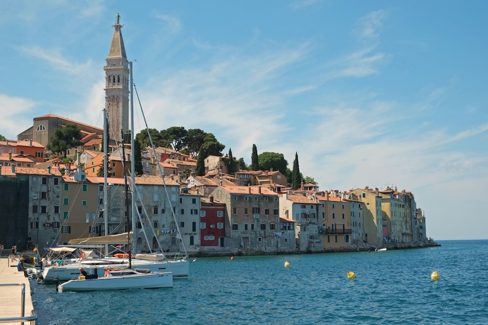 a harbor with boats and buildings on the shore