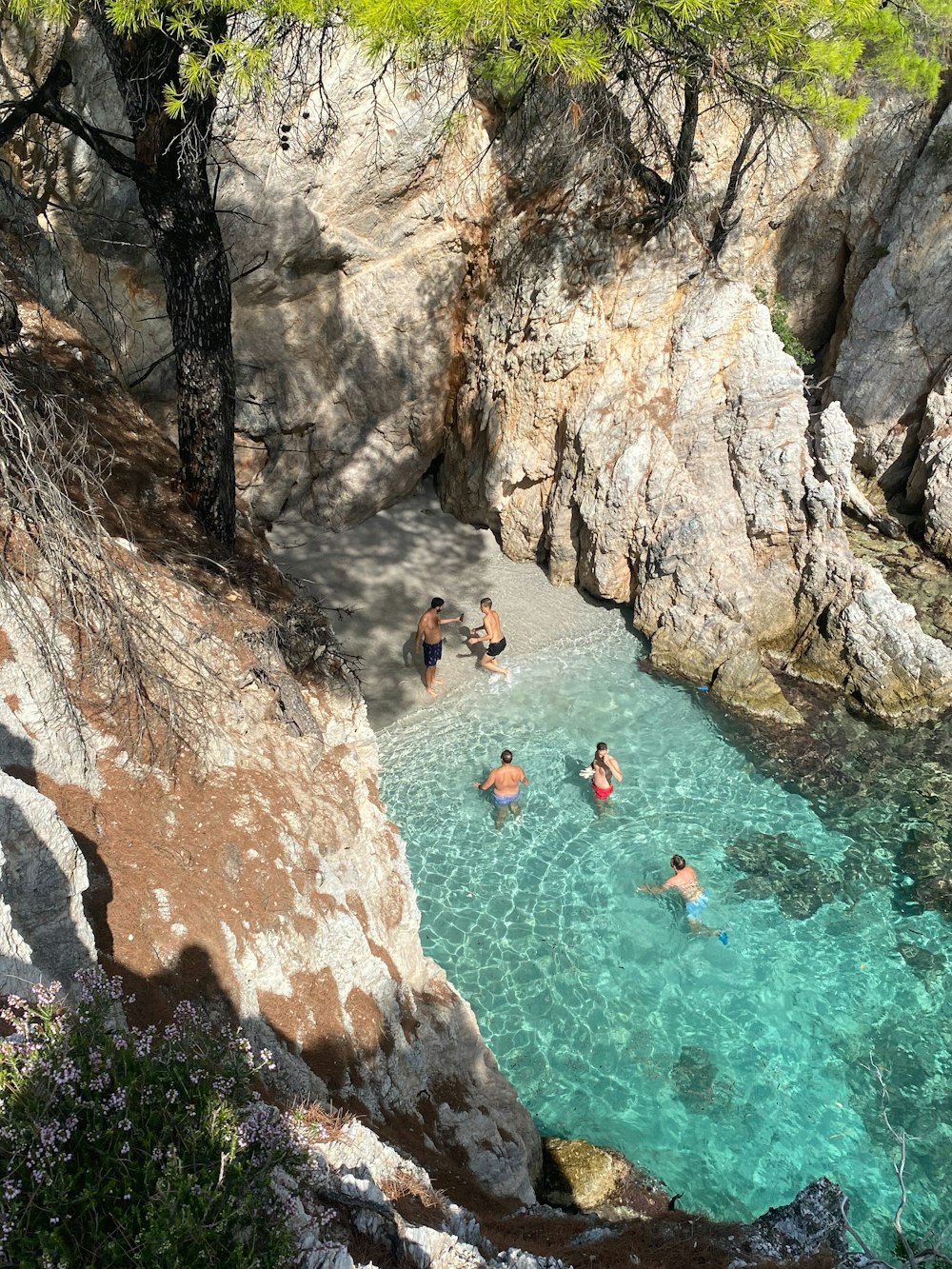 a group of people swimming in a pool next to a cliff