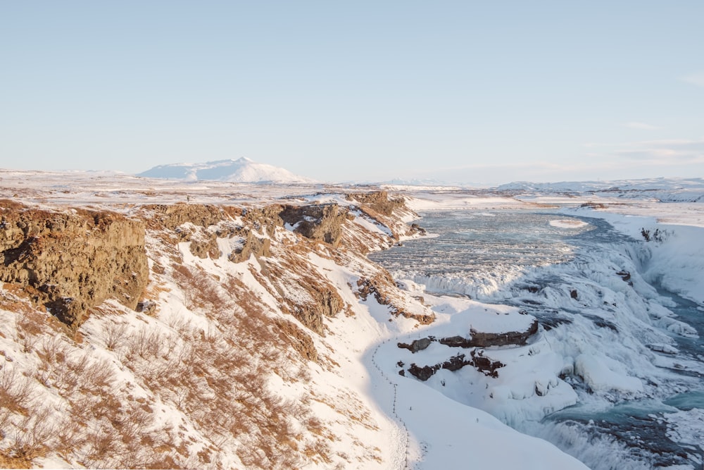 a snow covered mountain with a river running through it