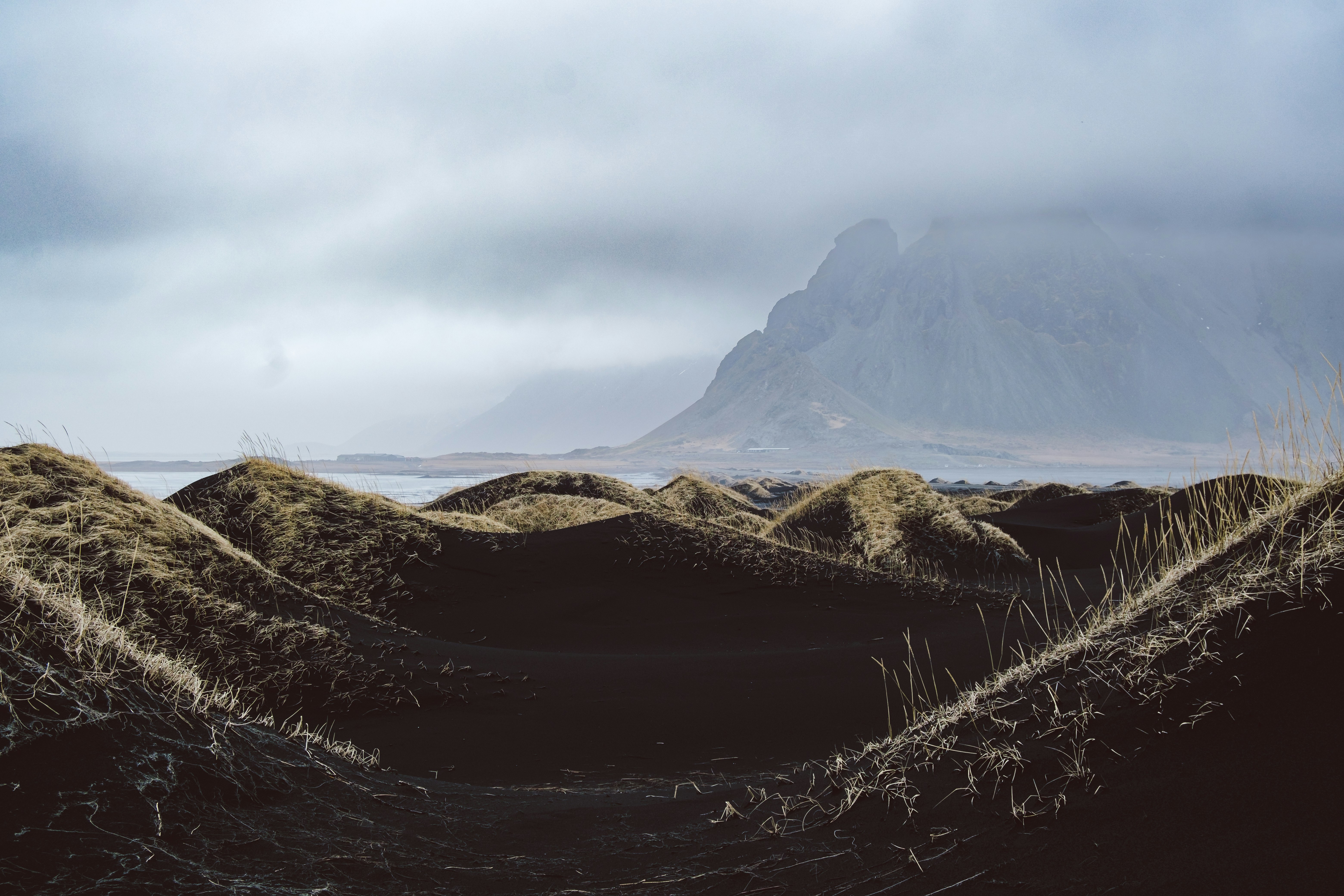 a field with a mountain in the background