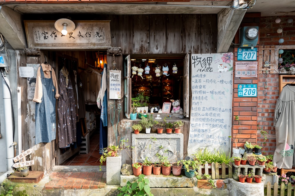 a store front with a lot of potted plants