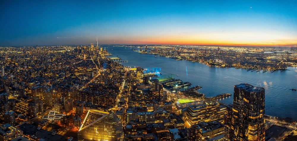 an aerial view of a city at night