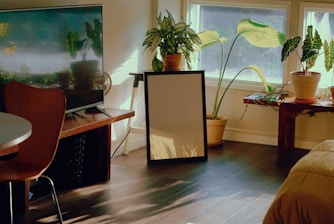 a living room with a bed and a television