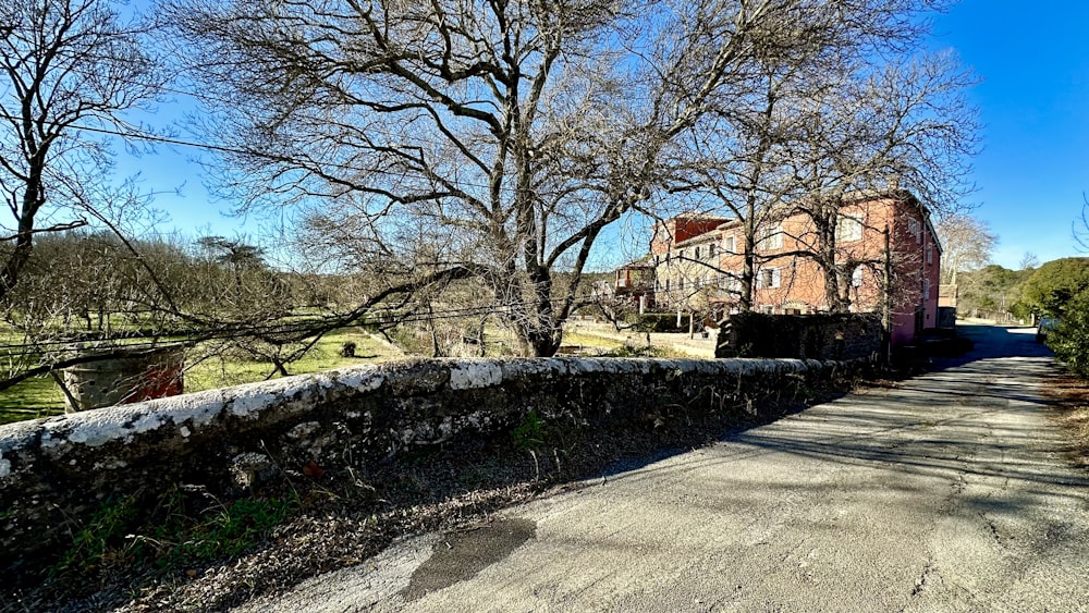 a stone wall and trees on the side of a road