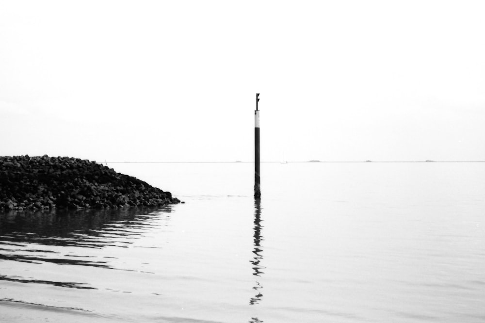 a black and white photo of a pole in the water