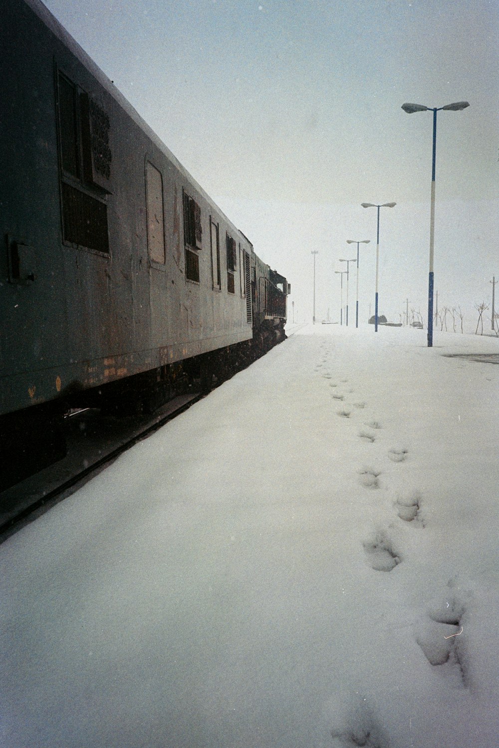 a train traveling down train tracks covered in snow