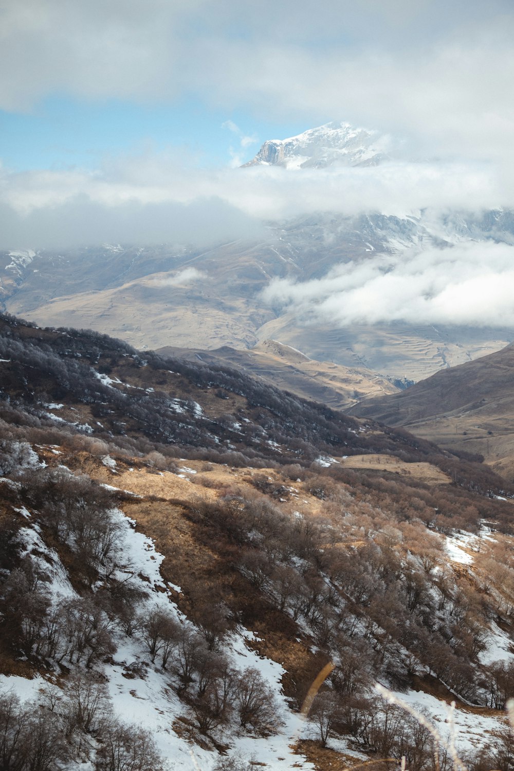 a view of a mountain range covered in snow