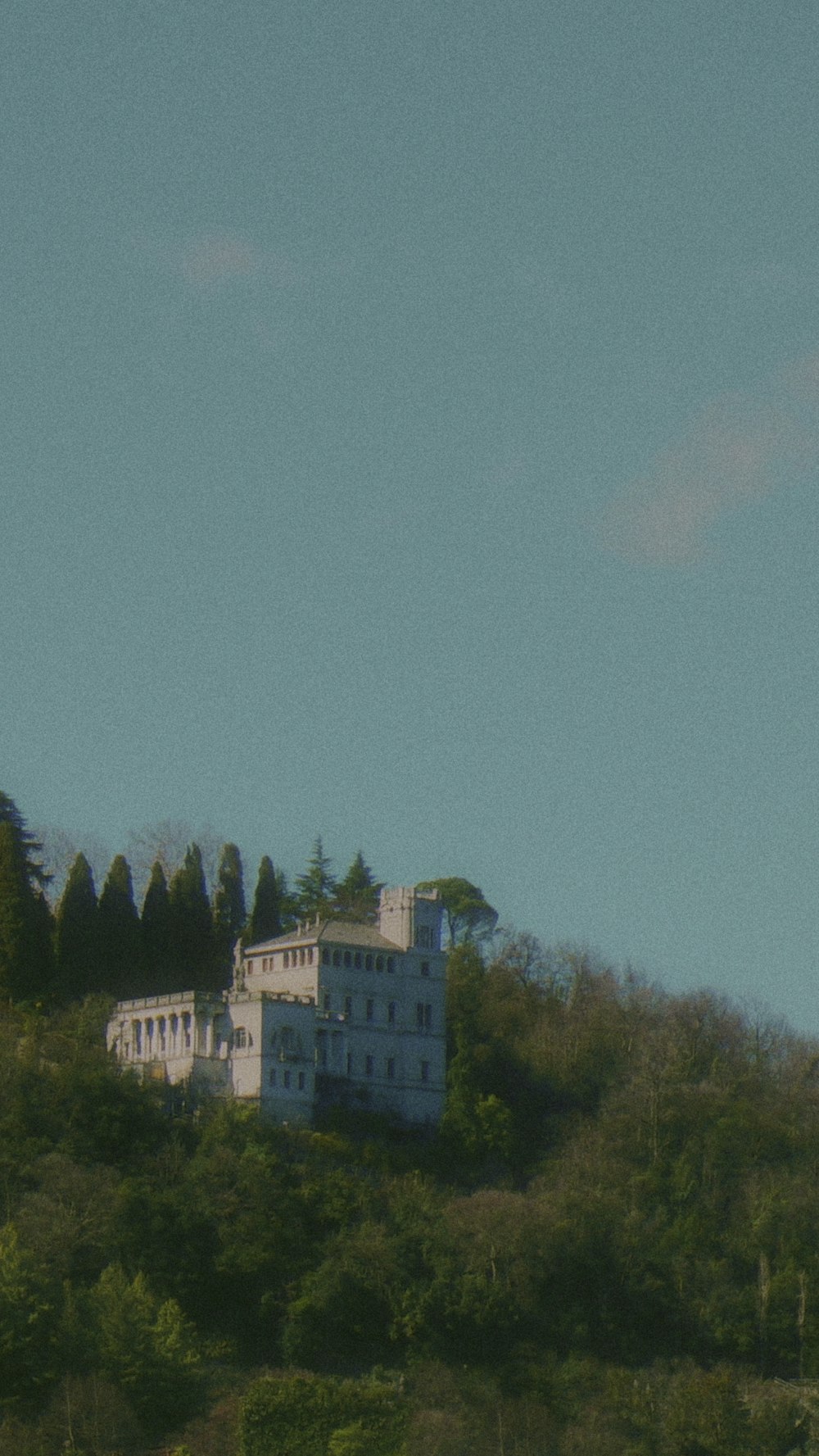 a large white house on a hill with trees