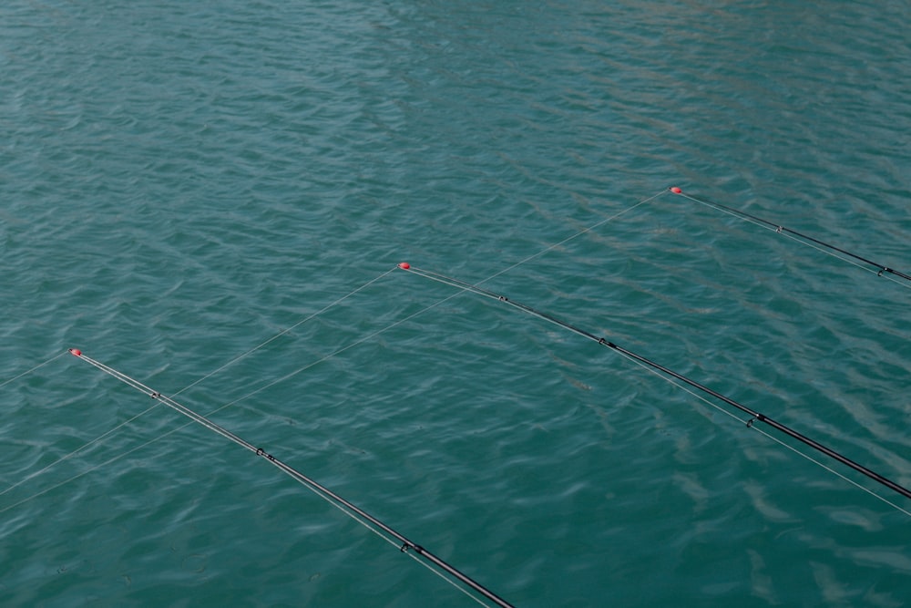 a row of fishing rods sitting on top of a body of water