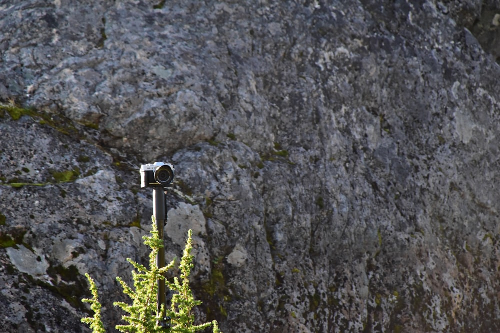 a camera on top of a pole in front of a mountain