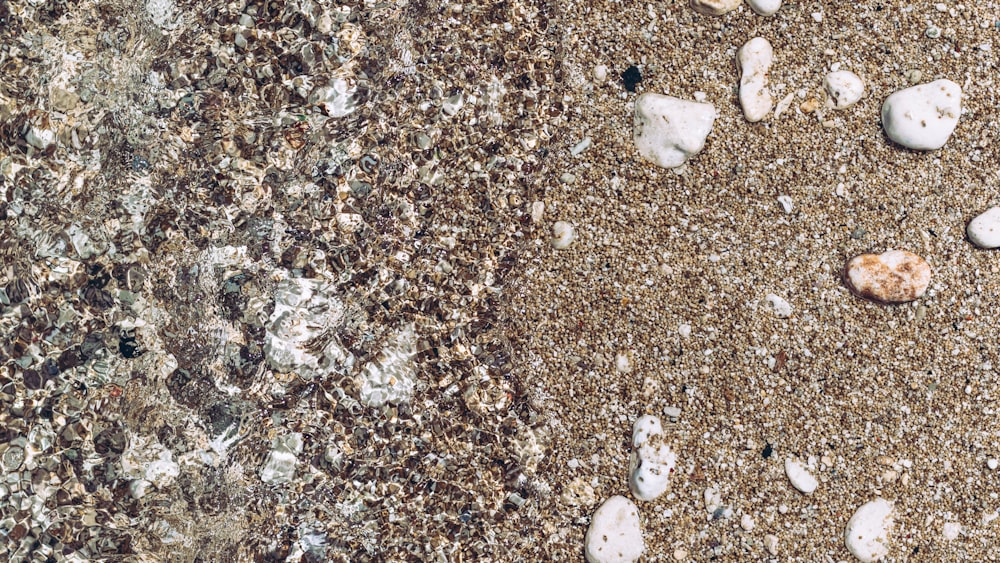 a sandy beach covered in lots of small rocks