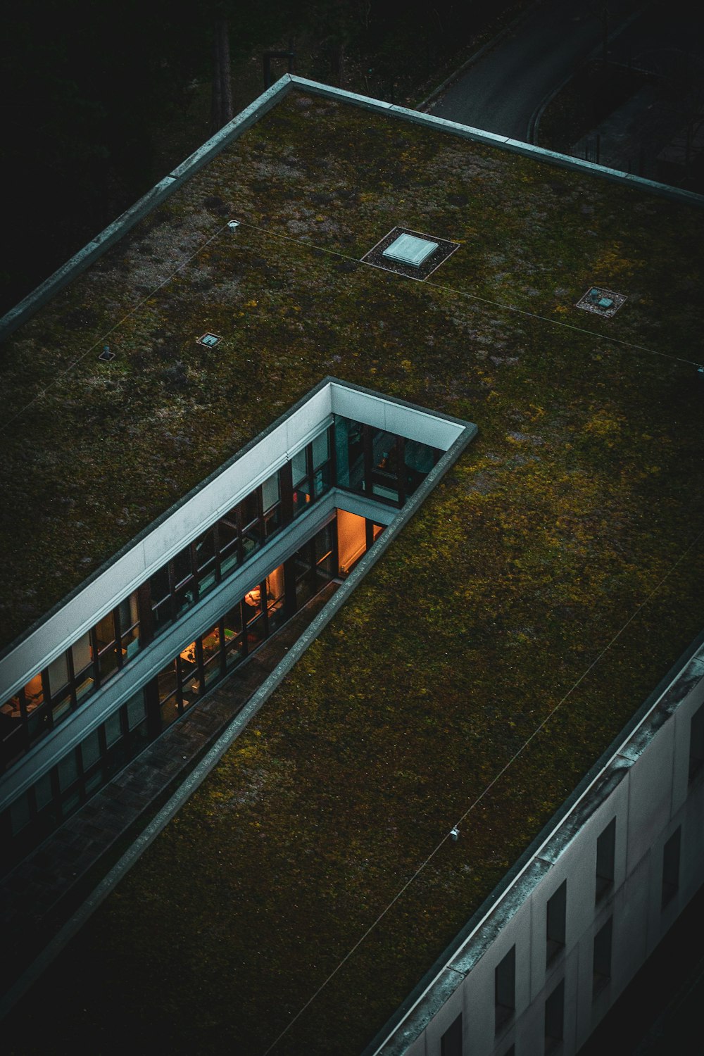 an aerial view of a building with a green roof