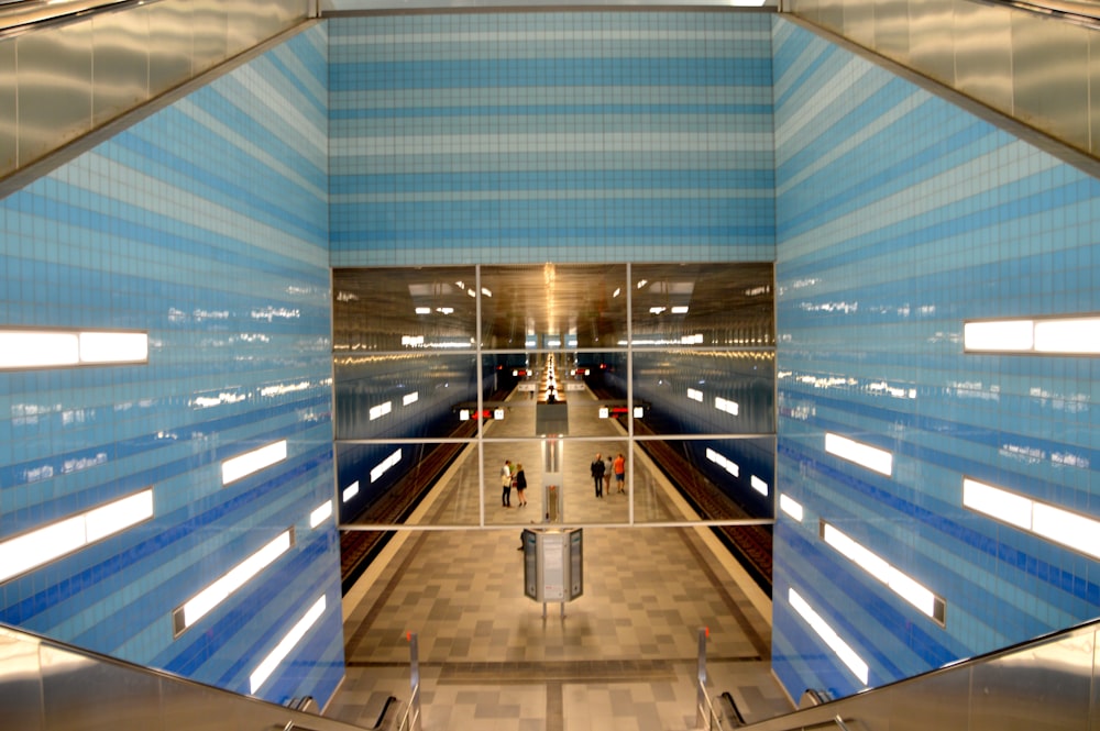 a view of a train station through a mirror