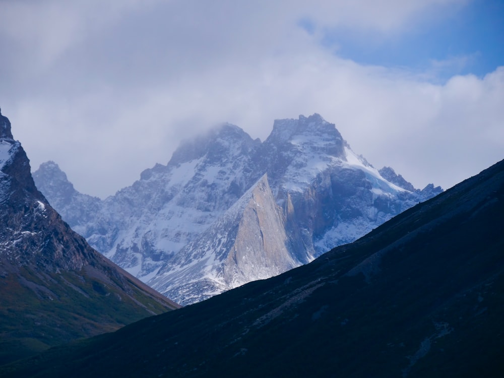 a mountain range covered in snow under a cloudy sky