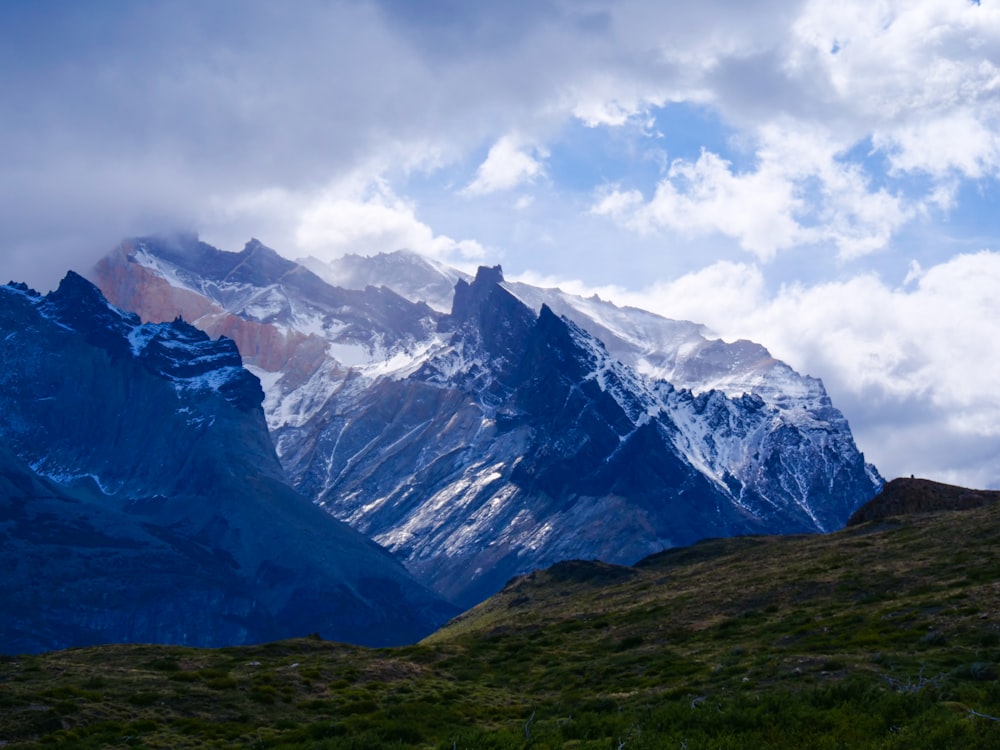 a mountain range with snow capped mountains in the background