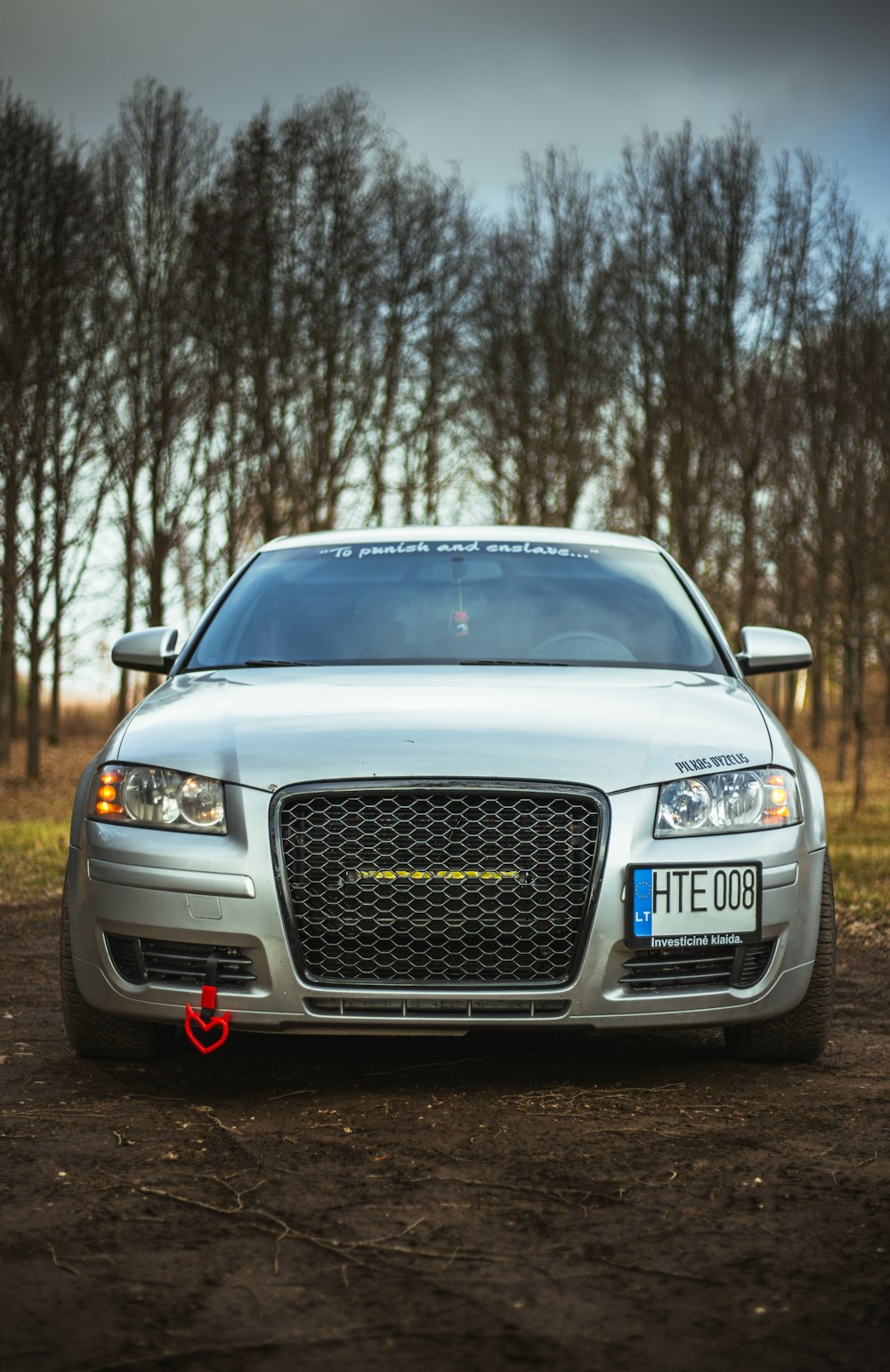 a silver car parked in a field with trees in the background