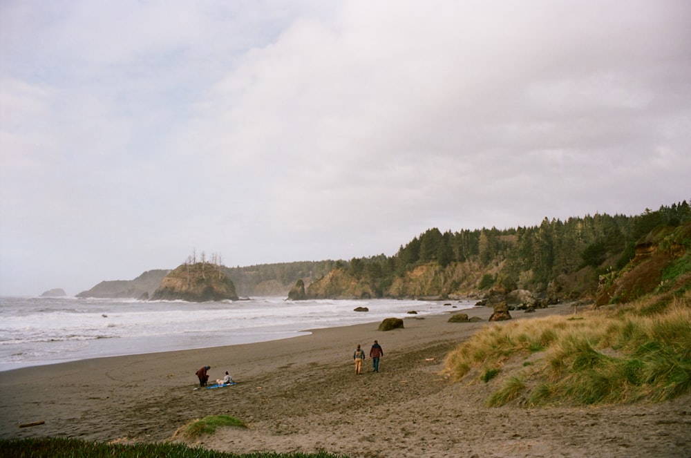 a group of people standing on top of a sandy beach