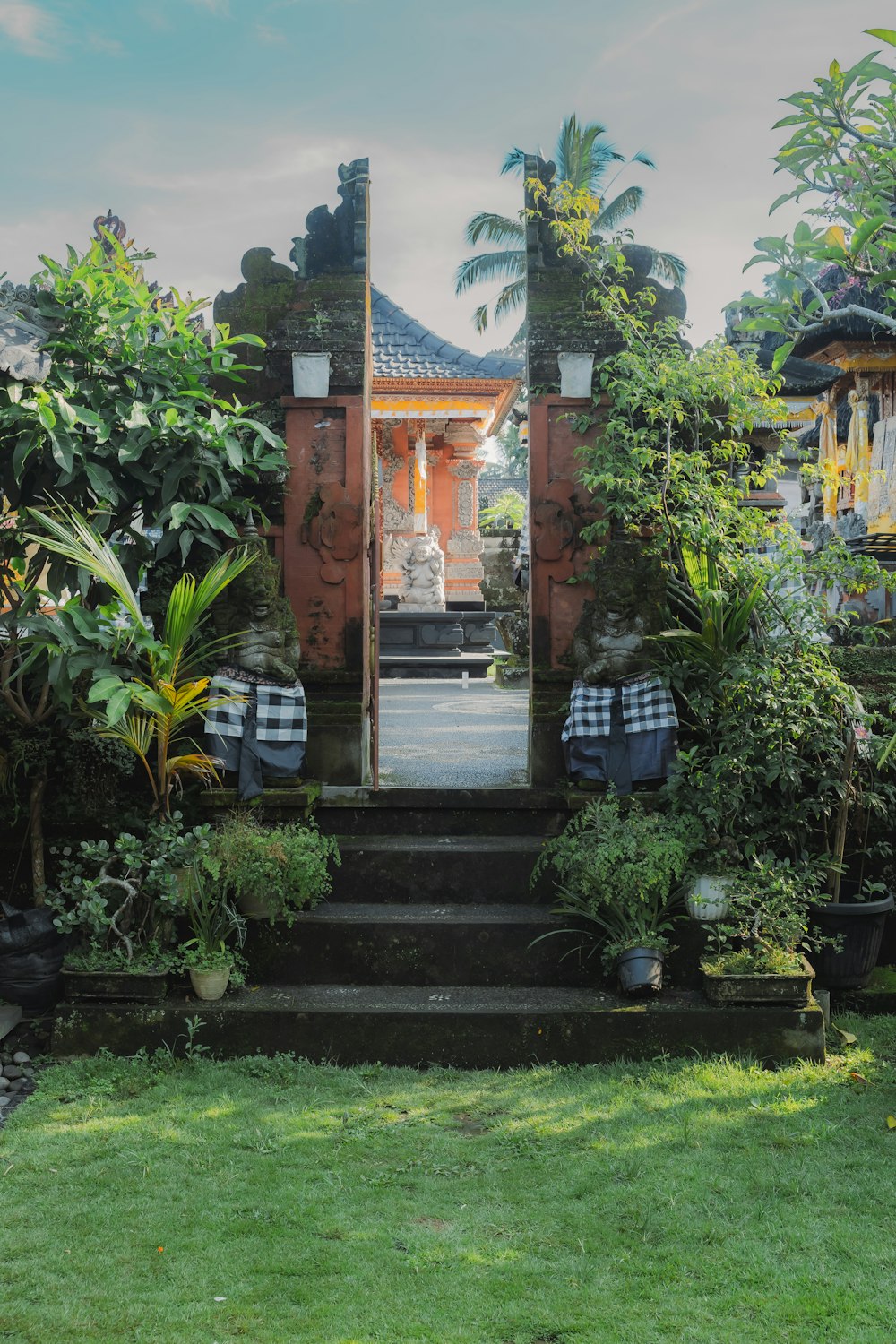 an open door leading into a lush green yard