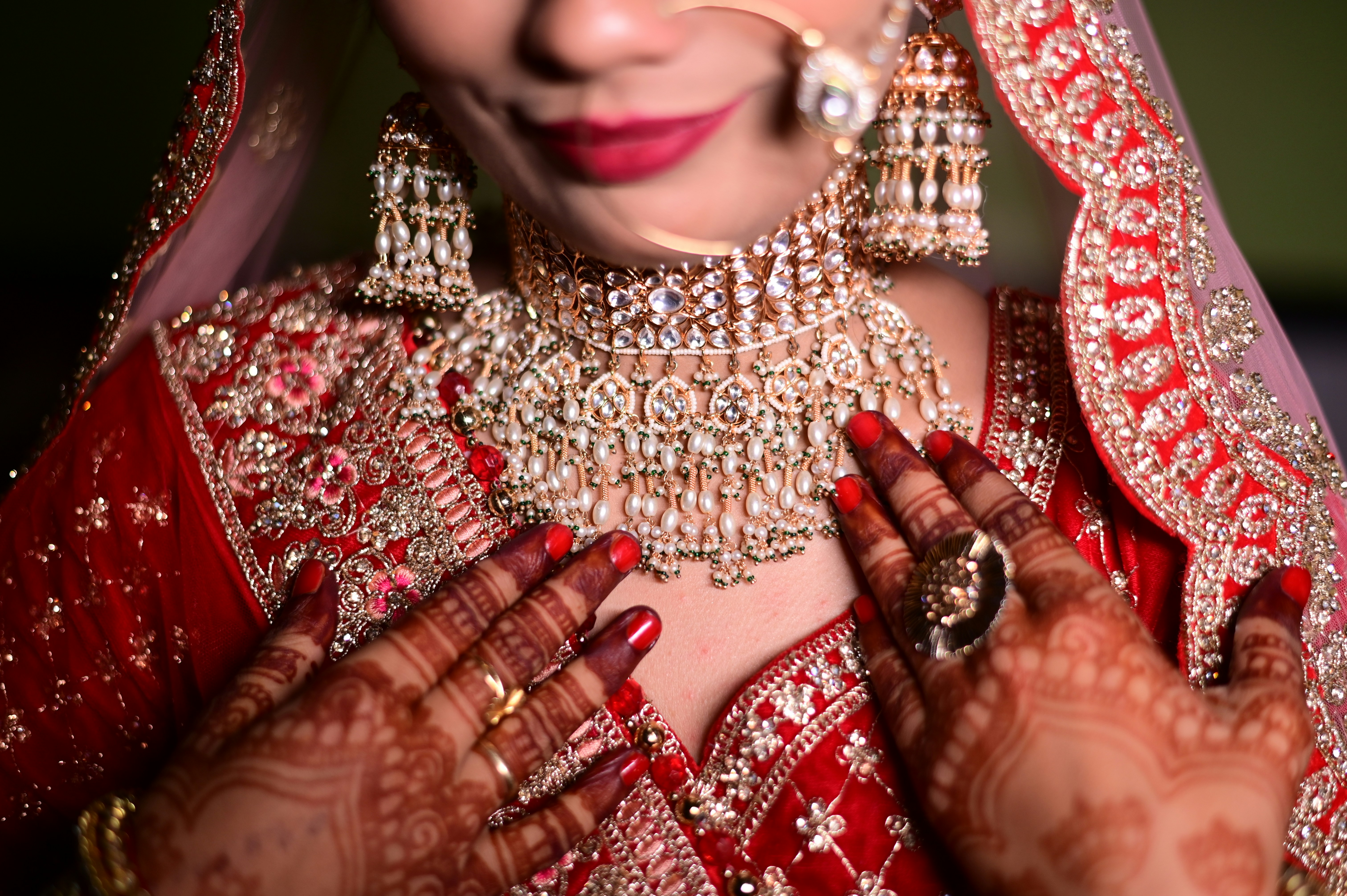 Bride wearing silver jewellery