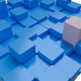 a bunch of blue and white squares with a white cube in the middle