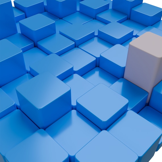 a bunch of blue and white squares with a white cube in the middle