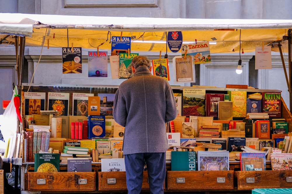 a man standing in front of a display of books