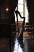 a harp sitting in a room next to a window