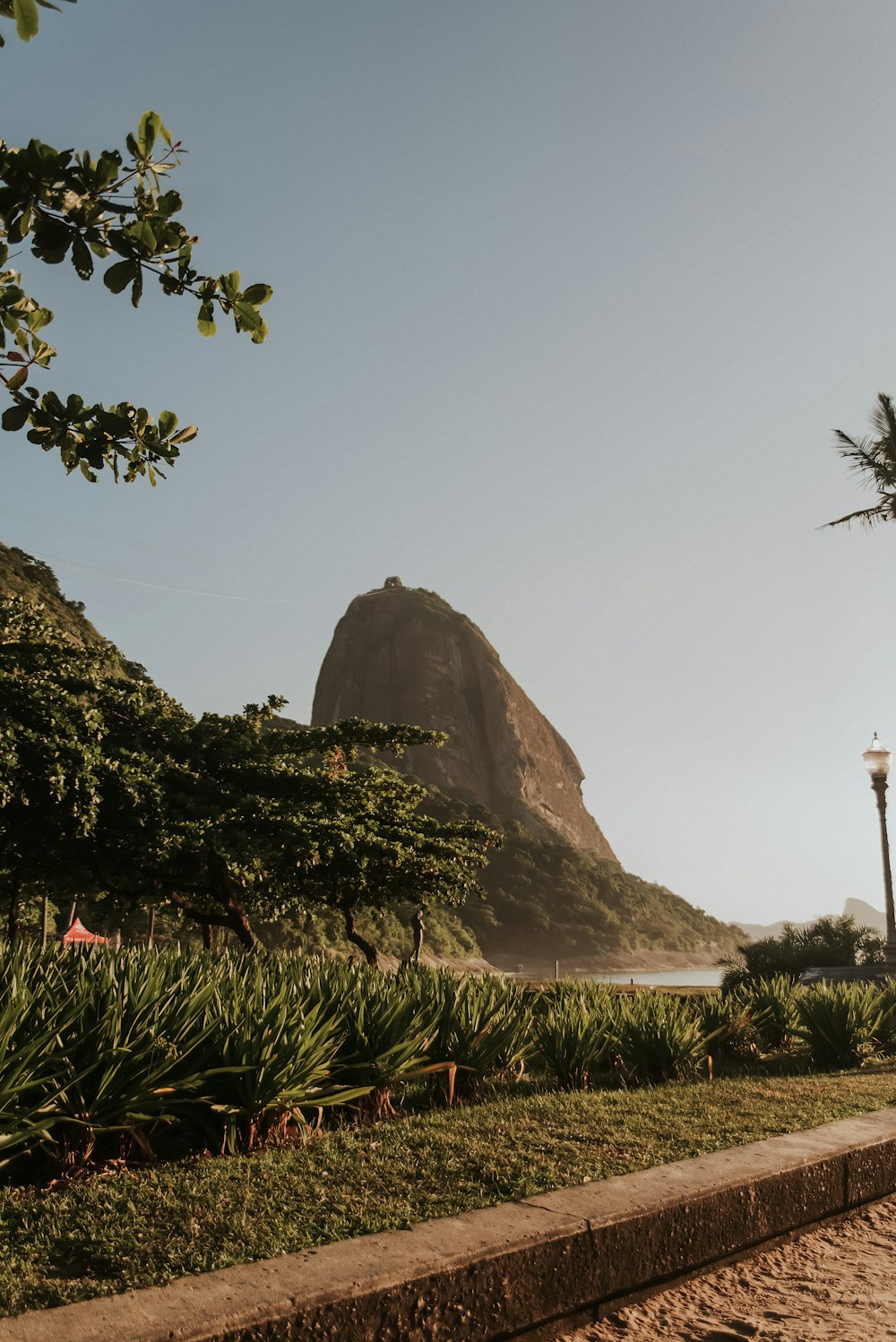 a view of a beach with a mountain in the background