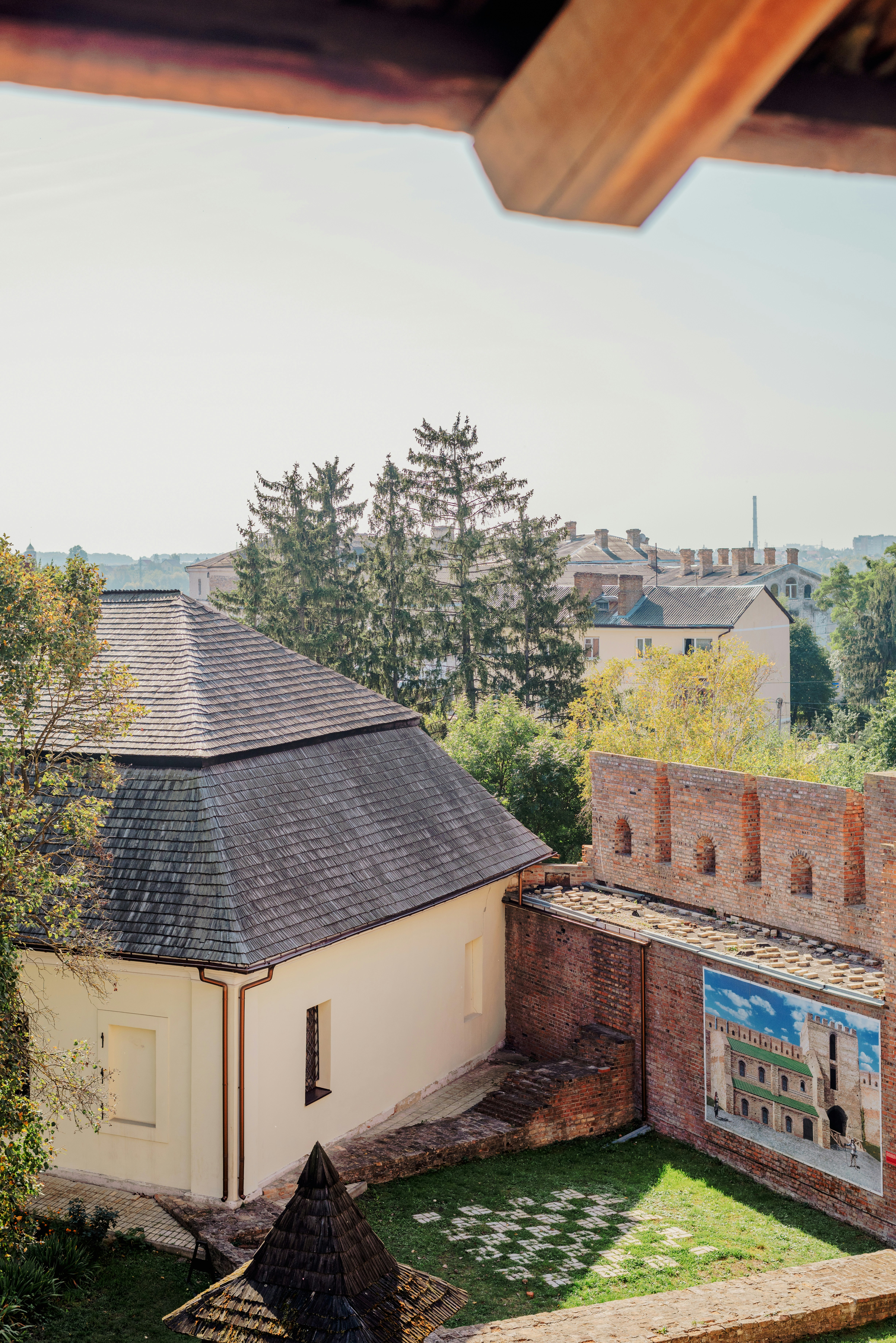 a view of a building from a balcony