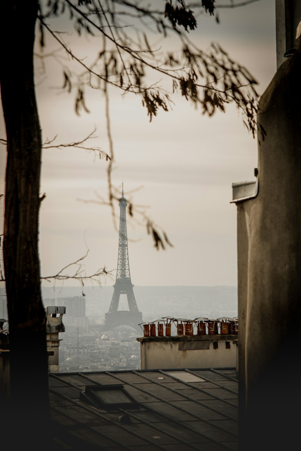 a view of the eiffel tower from the roof of a building