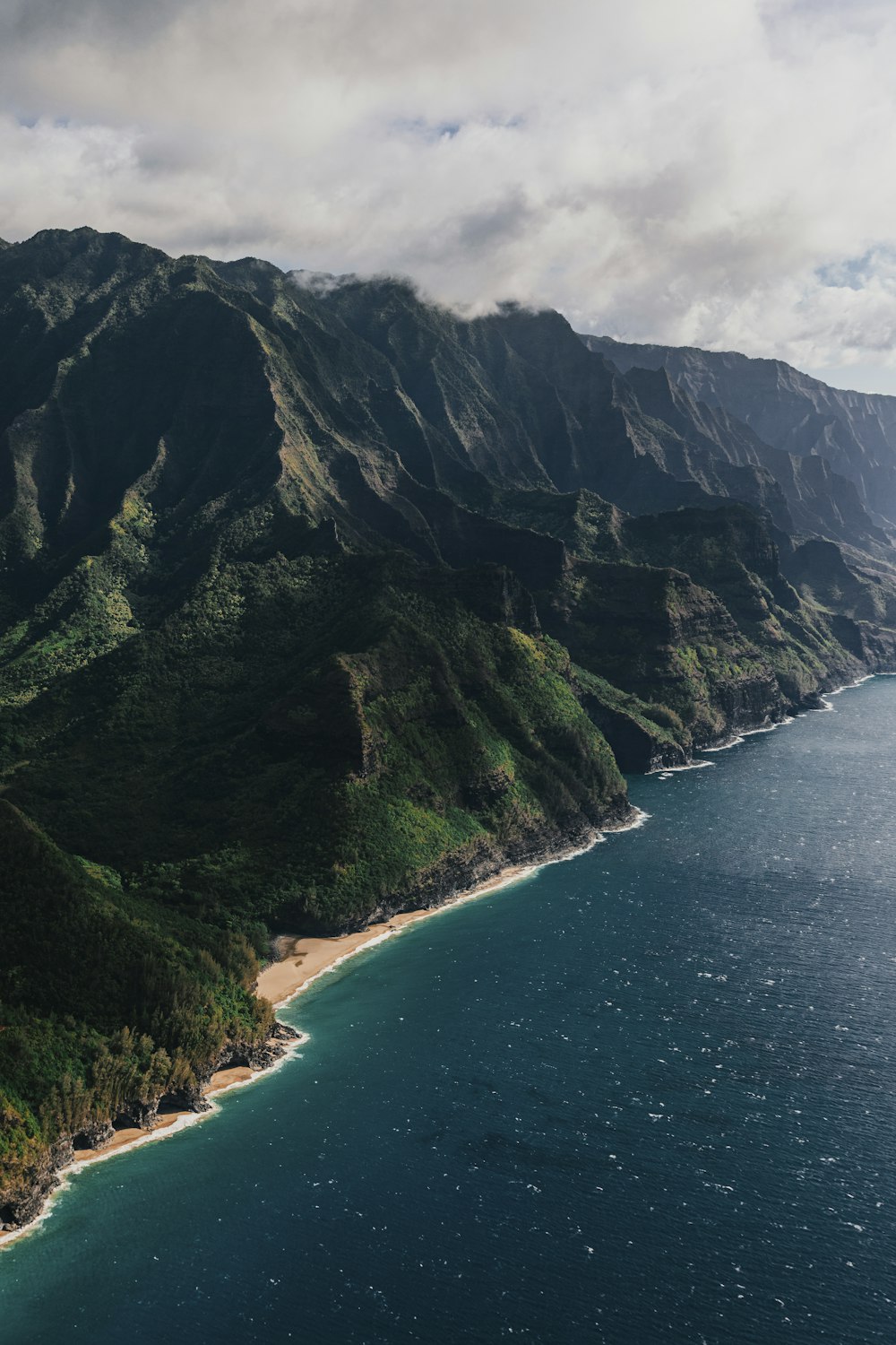 an aerial view of a beach and mountains