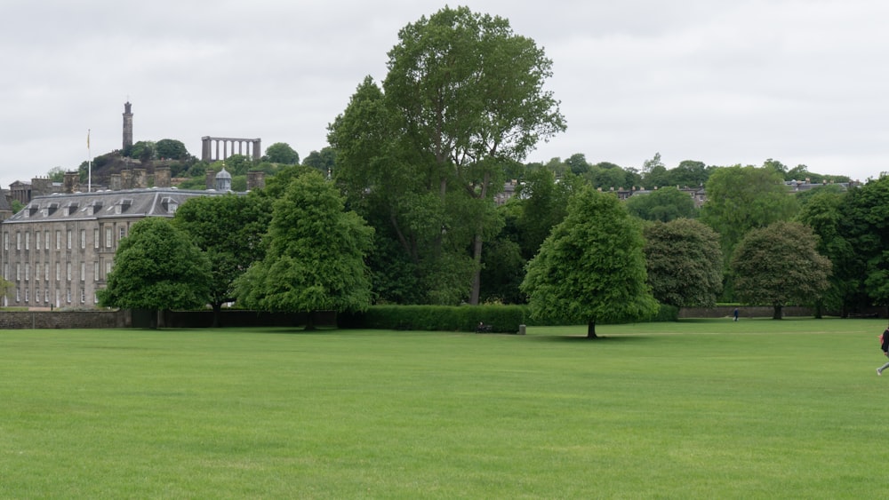 a person in a field with a building in the background