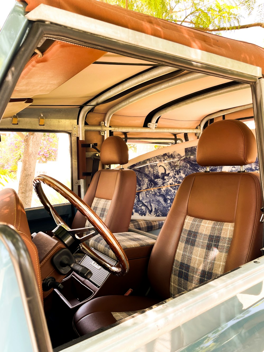 the interior of a vehicle with leather seats