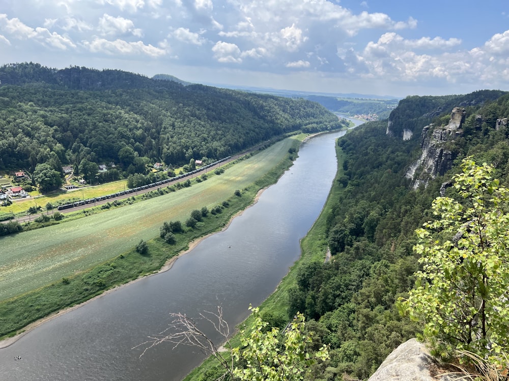 a river flowing through a lush green valley