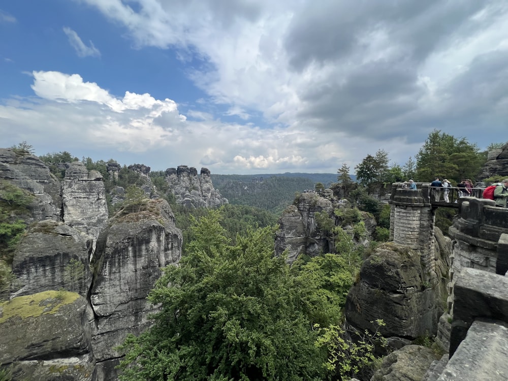 a group of people standing on top of a cliff