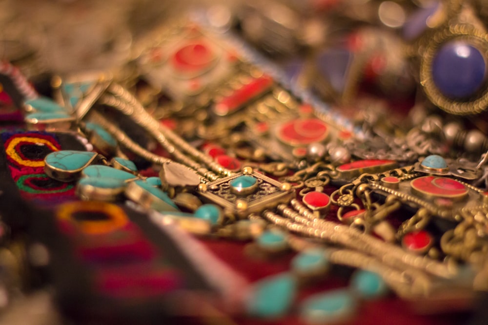 a close up of a bunch of necklaces