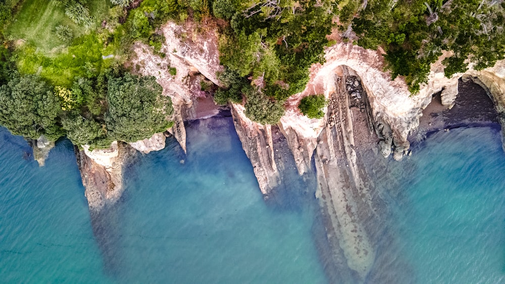 an aerial view of a body of water surrounded by trees