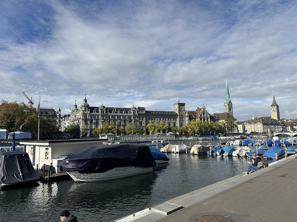 a group of boats are docked in a harbor