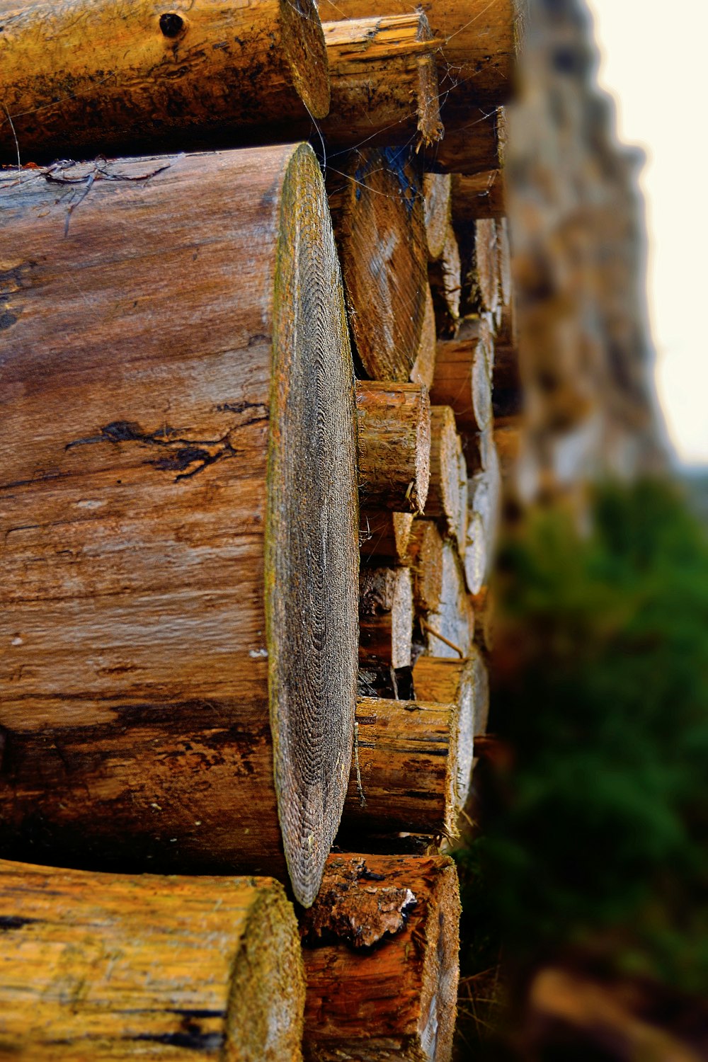 a pile of logs sitting next to a building