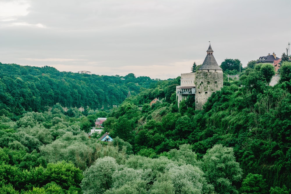 a castle on top of a hill surrounded by trees