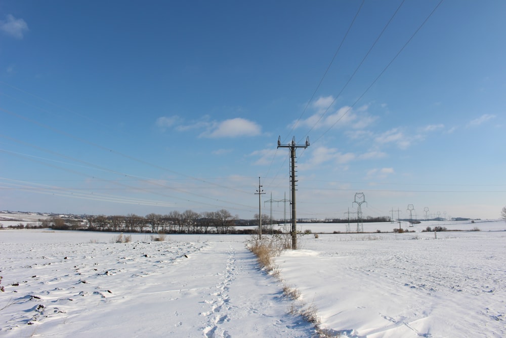 a snow covered field with power lines in the distance