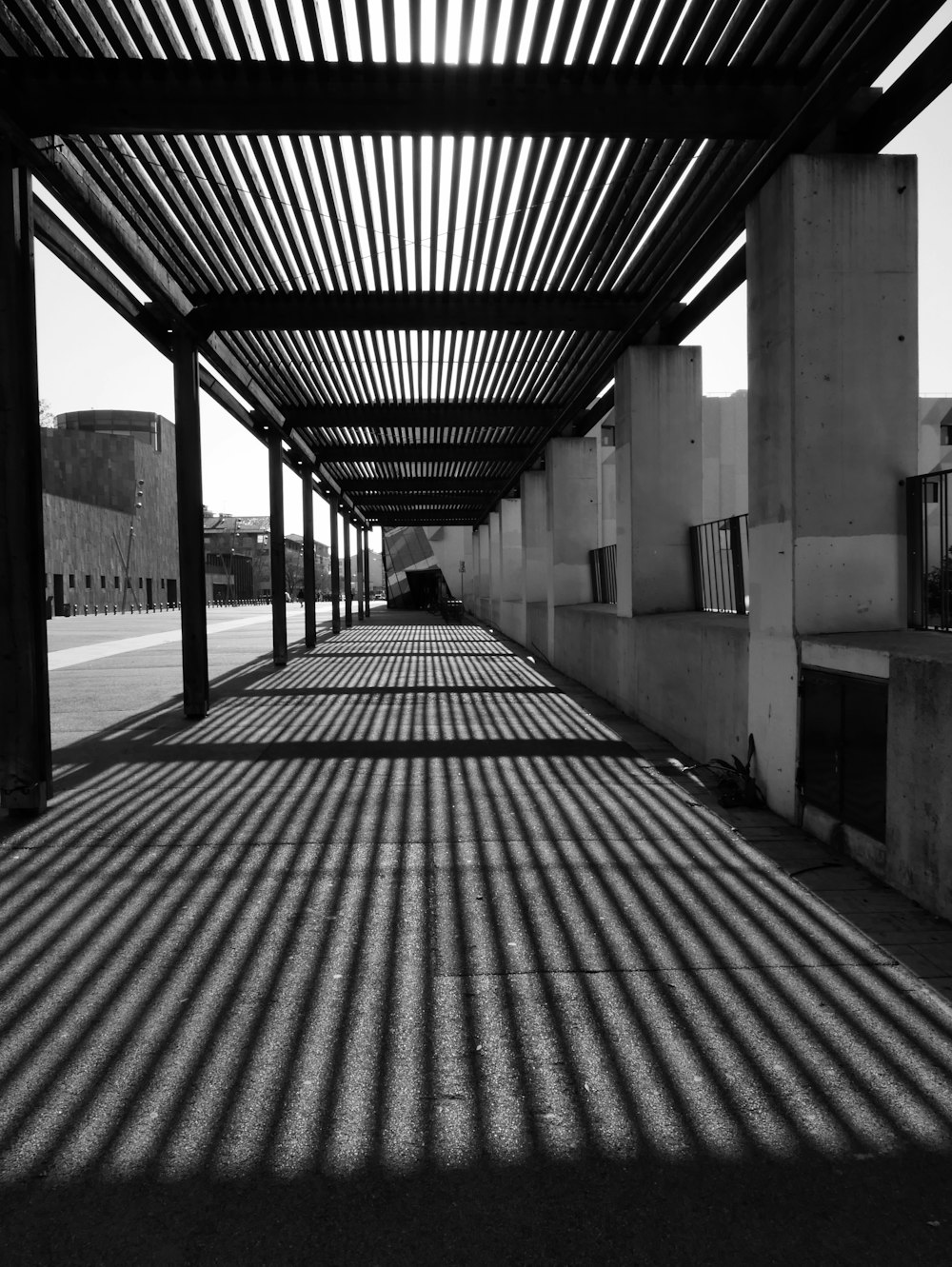 a black and white photo of a walkway