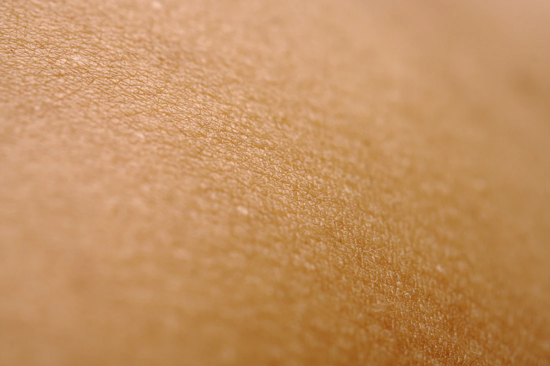 Close-up da pele do rosto, com foco em textura e tom