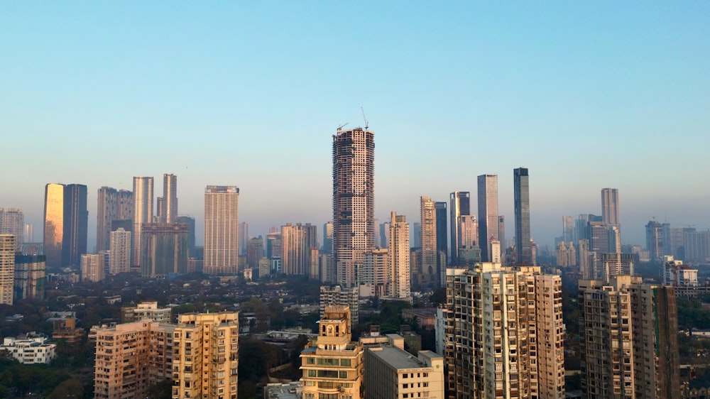 a city skyline with tall buildings and skyscrapers